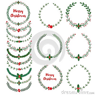 Set of New year, Christmas doodle hand drawn floral wreath frames Vector Illustration