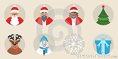 A set of New Year`s or Christmas icons. Flat design. Vector. The cute characters. The traditional elements of the holiday. Stock Photo