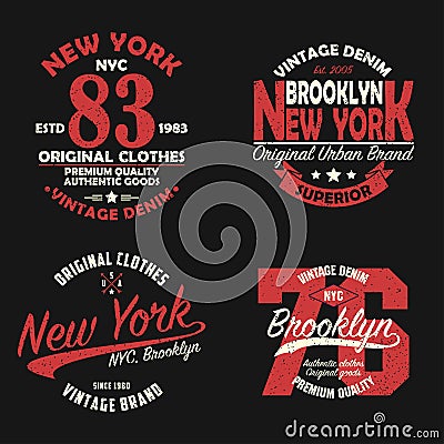 Set of New York, Brooklyn vintage brand graphic for t-shirt. Original clothes design with grunge. Authentic apparel typography. Vector Illustration