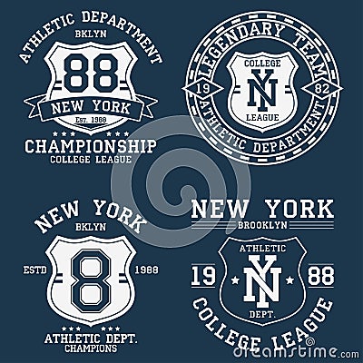 Set of New York, NY vintage graphic for t-shirt. Collection of original clothes design with shield and number. Apparel typography. Vector Illustration