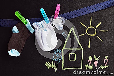 Set for newborn baby with a Blackboard Stock Photo