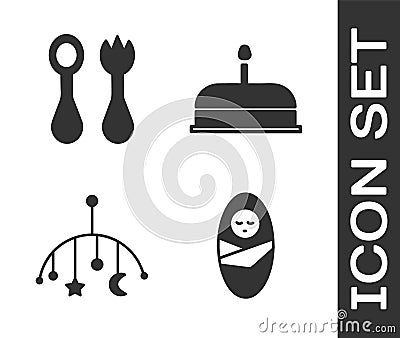 Set Newborn baby infant swaddled, Baby cutlery with fork and spoon, Baby crib hanging toys and Cake with burning candles Vector Illustration