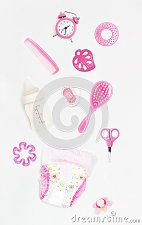 Set for a newborn girl in pink Stock Photo