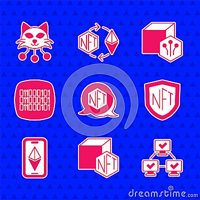 Set NFT Digital crypto art, blockchain technology, shield, Ethereum ETH, Binary code, and icon. Vector Editorial Stock Photo