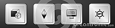 Set NFT Digital crypto art, Ethereum ETH, Binary code and blockchain technology icon. Silver square button. Vector Vector Illustration