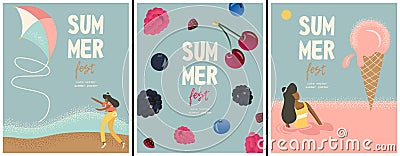 Set of nice vector summer posters with fresh berries, girls on the beach, ice cream and fly kite. Poster for summer festival. Vector Illustration