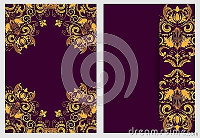 Set of nifty template for design invitations and greeting cards. Ornate elegant pattern gold on purple in Damascus style. Vector Illustration