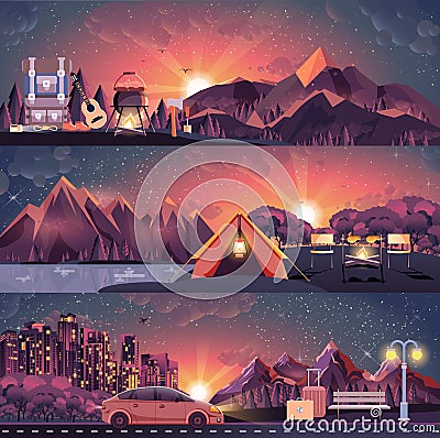 Set of night landscape, mountains, sunset, travel, hiking, nature, campfire, big tourist backpack, camping, city Vector Illustration