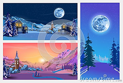 Set night and sunset landscapes with winter city, forest, trees, mountains, starry sky and Moon. Vector illustration Vector Illustration