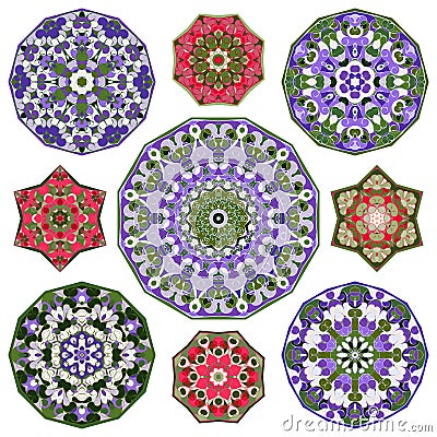 Set of nine abstract circular round colorful mandalas elements. Vector Illustration