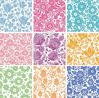 Set Of Nine Abstract Flowers Seamless Patterns Vector Illustration