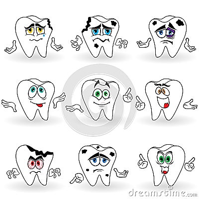 Set of nine amusing cartoon teeth Vector Illustration