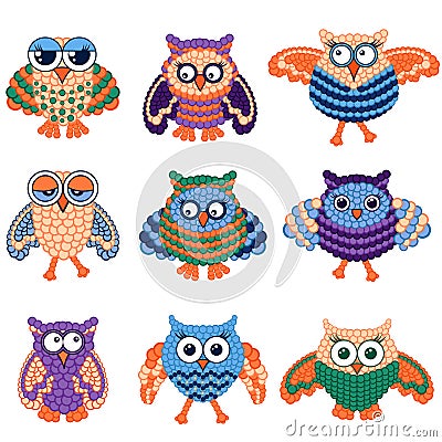 Set of nine amusing owls Vector Illustration