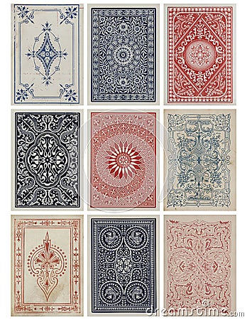 Set of nine antique vintage playing card backs. Stock Photo