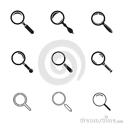 Set of nine black icons of magnifier glasses isolated on a white background Vector Illustration