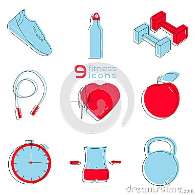 the set of nine blue and red flat simple fitness icons Cartoon Illustration