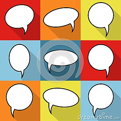 Set of nine cartoon comic balloon speech bubbles in flat style. Vector Illustration