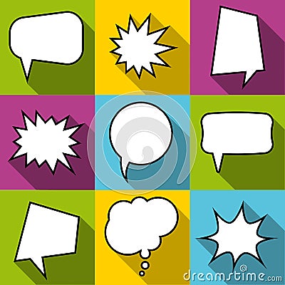 Set of nine cartoon comic balloon speech bubbles in flat style. Vector Illustration