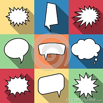 Set of nine cartoon comic balloon speech bubbles in flat style. Vector Illustration