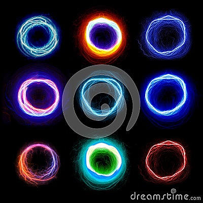 Set of nine circular lightnings Stock Photo