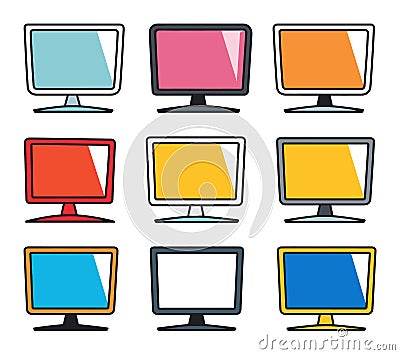Set of nine colorful computer monitors with blank screens. Modern flat screen display variety, computer equipment vector Vector Illustration