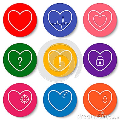 Set of nine colorful flat heart icons. Double hearts, broken heart, heartbeat, locked heart. Valentine Day icons. Vector Illustration