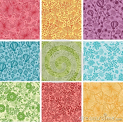 Set Of Nine Colorful Flowers Seamless Patterns Vector Illustration