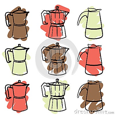 A set of nine colorful geyser Italian coffee makers in a doodle style. Vector hand drawn illustration Vector Illustration