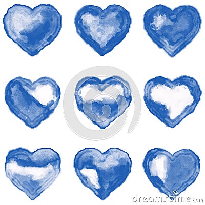 Nine Colorful Hearts Simulating Watercolor on Paper Stock Photo