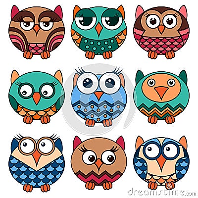 Nine funny various oval owls Vector Illustration