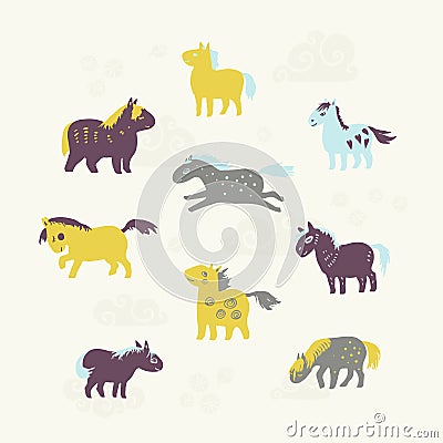 Set of nine cute horses. Vector Illustration