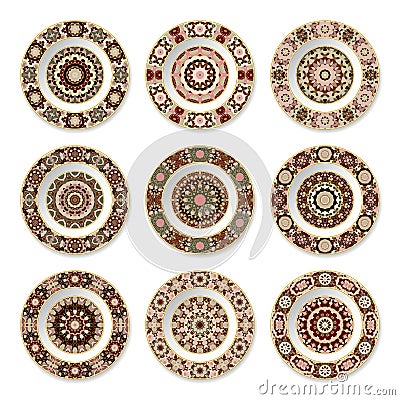 Set of nine decorative plates Vector Illustration