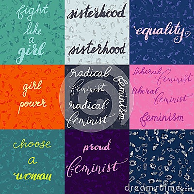 Set of nine different feminist lettering with background and a seamless pattern Cartoon Illustration