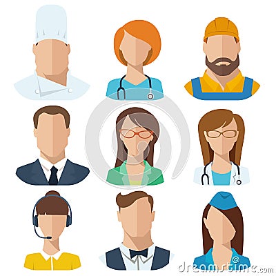Set of nine different professions male and female avatars. Vector Illustration