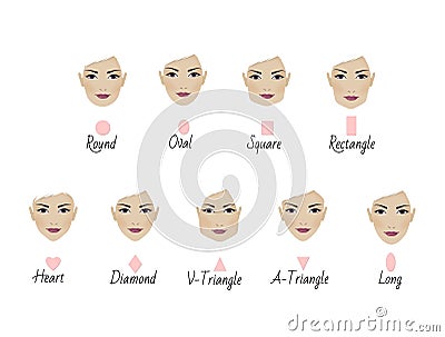 Set of nine different woman`s face shapes. Illiustration isolated on a white background Stock Photo