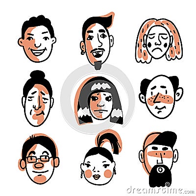 Set of nine doodle faces Vector Illustration