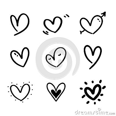 Set of nine doodle heart with hand drawn style. black love sketch doodle isolated on white background Vector Illustration