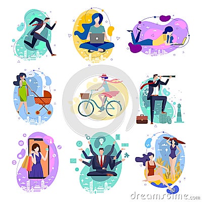 Set of nine drawings of people doing activities in a concept illustration in flat style Stock Photo