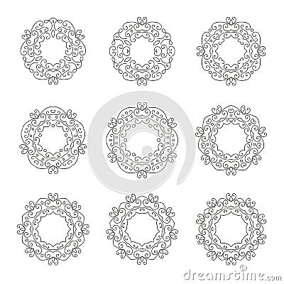 Set of nine elegant hand drawn retro floral frame Vector Illustration