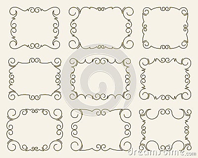 Set of nine elegant very simple, but stylish calligraphy vector frames for your design Stock Photo