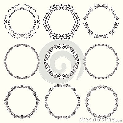 Set of nine elegant vintage round frames. Vector Illustration