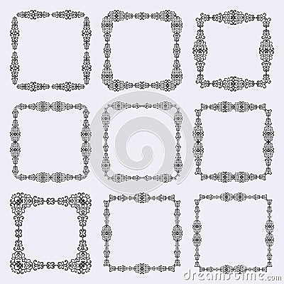 Set of nine elegant vintage square frames. Vector Illustration