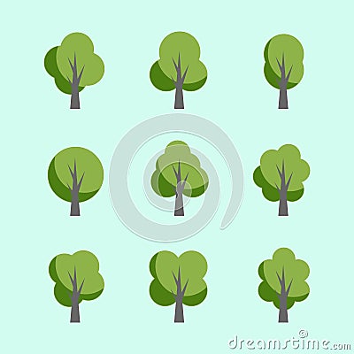 Set of nine flat trees in green tones Vector Illustration