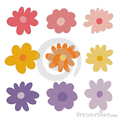 set of nine flat vector spring summer flowers on white background Vector Illustration