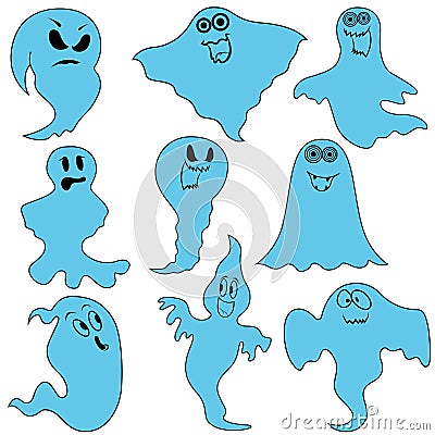 Set of nine funny ghosts Vector Illustration