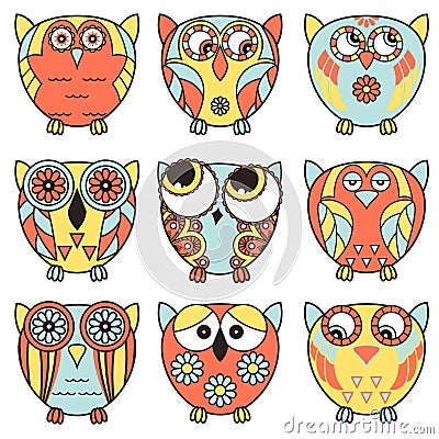 Set of nine funny owls in oval forms Vector Illustration