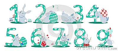 set of nine green numbers and easter bunnies Stock Photo