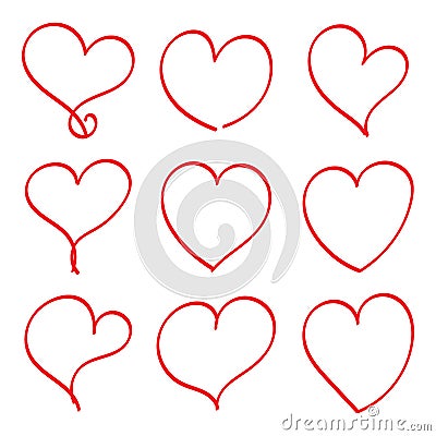 Set of nine hand drawn heart. Handdrawn rough marker hearts isolated on white background. Vector Illustration