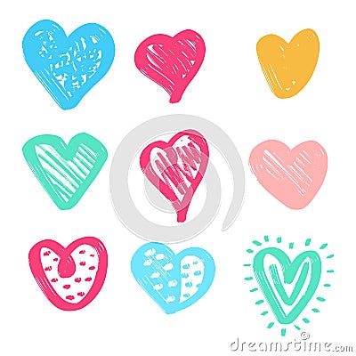 Set of nine hand drawn heart. Handdrawn rough marker hearts isolated on white background. Cartoon Illustration