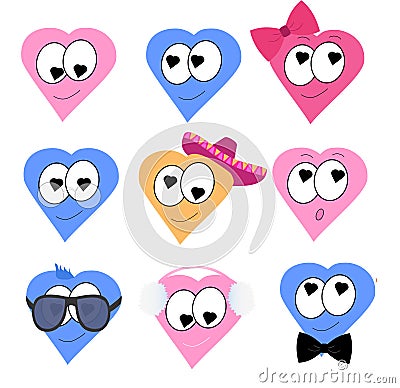 Set of nine hearts with many expressions and lots of costumes. Vector Illustration